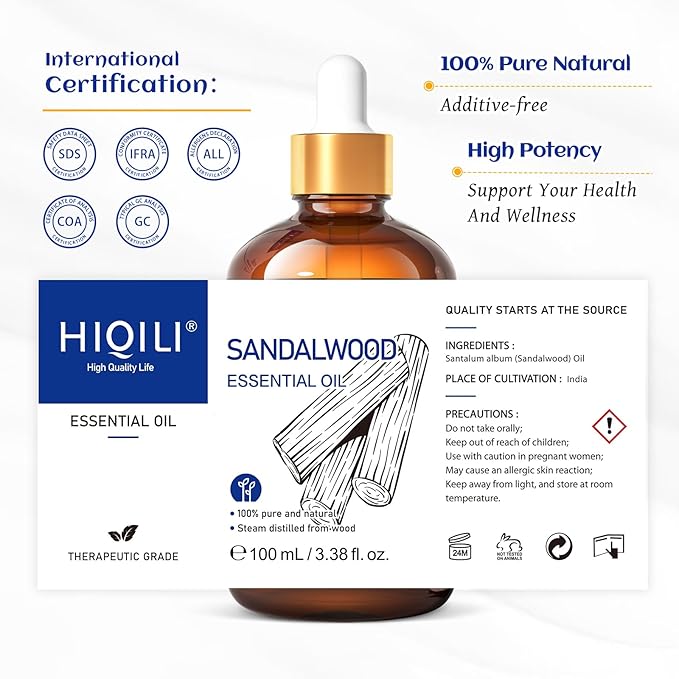 HIQILI Sandalwood Essential Oils, Long-Lasting Scent for Perfume, Diffuser, Soap Making & Candle- 3.38 Fl Oz