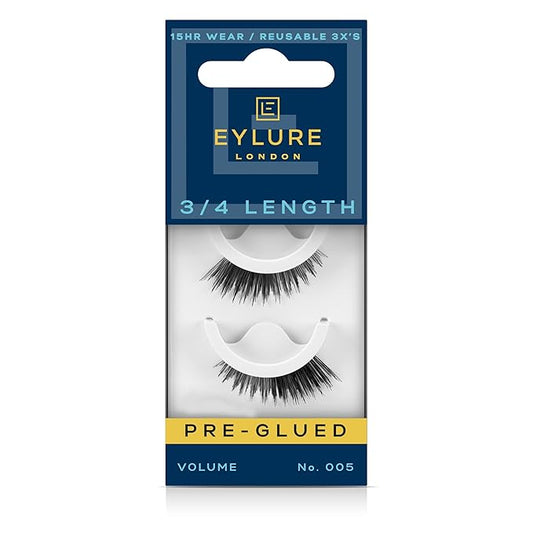 Eylure Press On Pre-Glued False Eyelashes, 3/4 Length Lashes, No. 005, 1 Pair