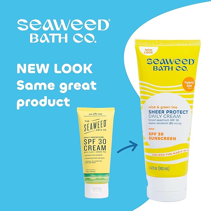 Seaweed Bath Co. Sheer Protect Daily SPF 30 Broad Spectrum Hybrid Sunscreen Cream, 3.4 Ounce, Sustainably Harvested Seaweed, Aloe, Green Tea