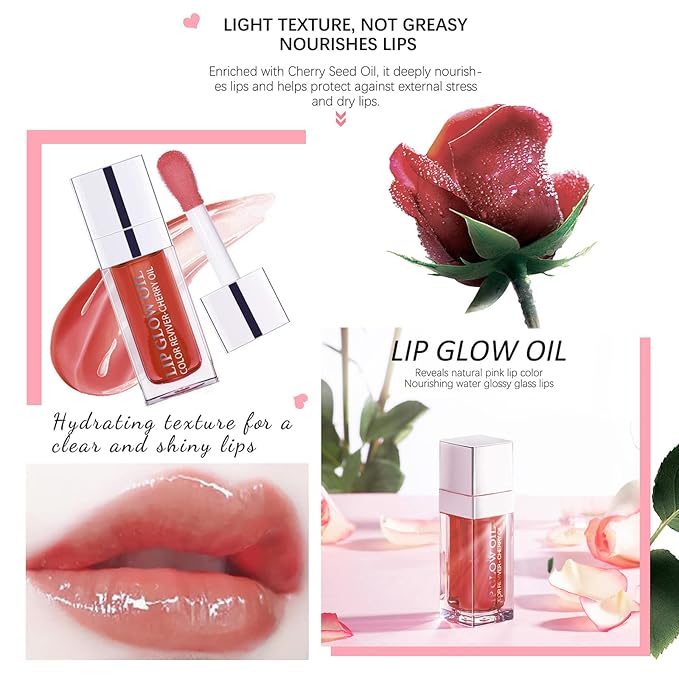 2 Set Lip Oil Hydrating Tinted Lip Balm, Plump Lip Gloss Lip Care Transparent Toot Lip Oil Tinted, Fresh Texture & Non-sticky, Nourishing Repairing Lightening Lip Lines Lip Care Products (Pink / Rosewood)