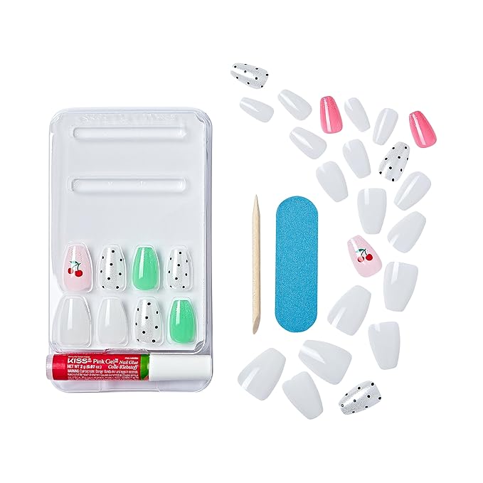 KISS Gel Fantasy, Press-On Nails, Nail glue included, 'Jelly Baby', Light Multicolor, Short Size, Coffin Shape, Includes 28 Nails, 2g Glue, 1 Manicure Stick, 1 Mini file