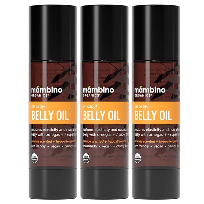 Mambino Organics Oh Baby! Belly Oil – Organic Elasticity Oil with Egyptian Calendula, Vietnamese Tamanu & Dutch Shea – Pregnancy Oil for Stretch Marks – Cruelty-Free Maternity Care, 3-Pack 2 fl oz