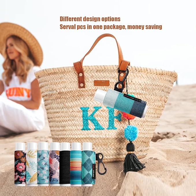 3PCS Lip Balm Holder Sleeves Chapstick Holder Keychain Lip Gloss Holder Keychain Elastic Sleeves (Black/light blue strip/dark blue strip)