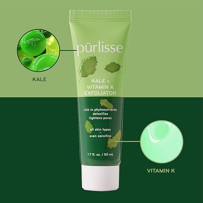 pürlisse Kale + Vitamin K Face Exfoliator Scrub - Exfoliating Face Wash for Detoxifying & Pore Tightening - Packed with Antioxidants for Smooth, Radiant & Youthful Skin (1.7 Fl oz)