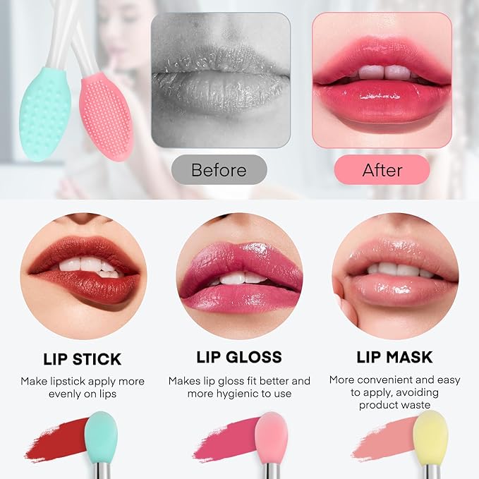 Unaone Lip Scrub Brush - 3 PCS Dual-ended Lip Scrubber Exfoliator and Silicone Lip Brush, 2-in-1 Silicone Lip Scrub Tool Lip Mask Applicator, Gentle Exfoliator & Applicator for Soft