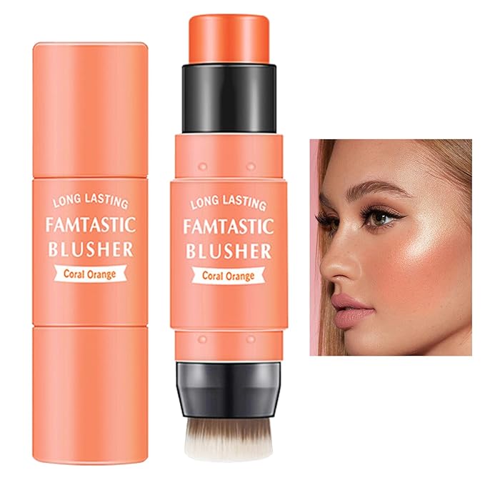Cream Blush Stick with Brush,Waterproof Multi Cream Blush Coral Orange)