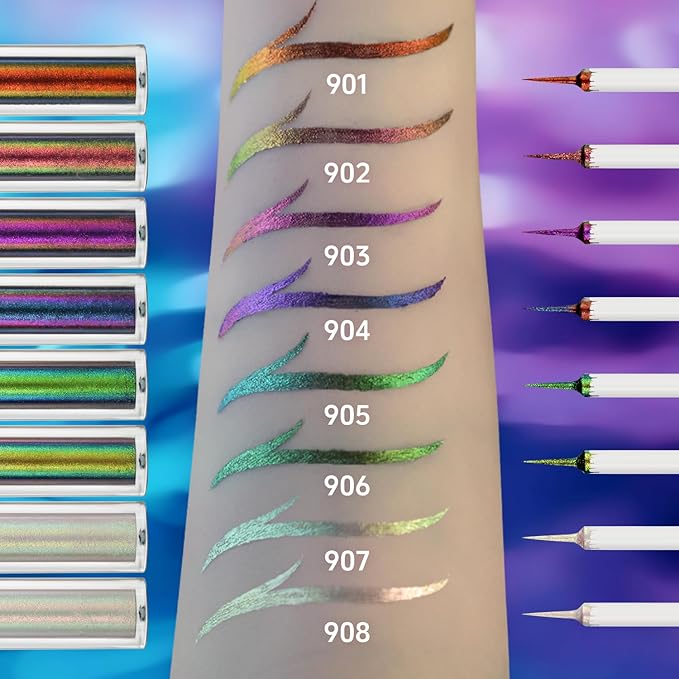 CHARMACY Multichrome Liquid Eyeliner, Glitter Chameleon Liquid Eyeshadow Eyeliner Makeup,High Pigmented with Waterproof &Smudge Proof Formula,Longwearing,Ultra-Fine Tip,PALE PINK YELLOW 908