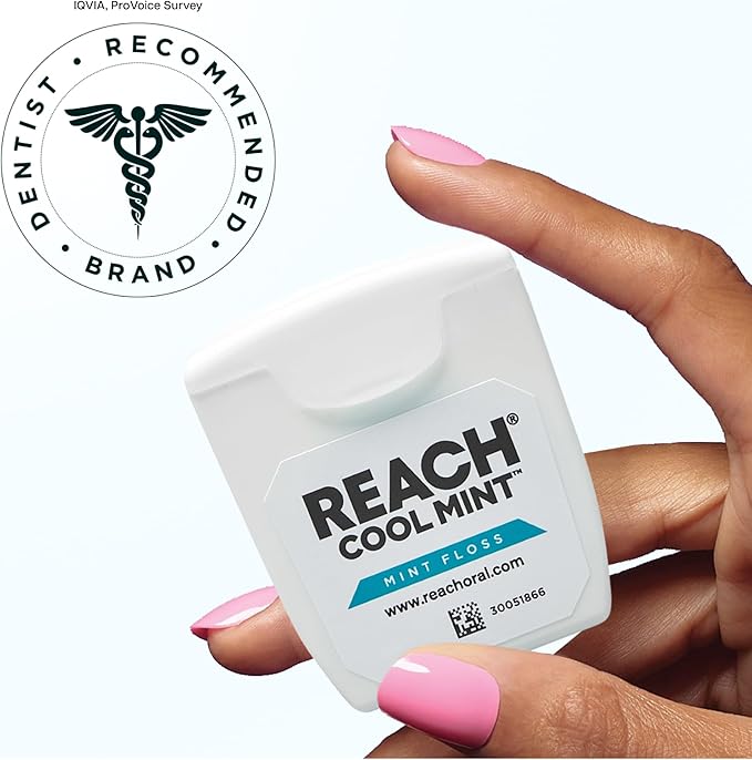 REACH Cool Mint Dental Floss, Fresh Mint, Plaque Remover for Teeth, Shred Resistant, Waxed, Easy on Gums & Teeth, Fresh Breath, Oral Care, PFAS Free, for Adults & Kids, 1 Pack, 55yd