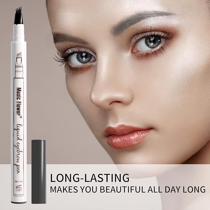 Music Flower Eyebrow Pen, Liquid Eyebrow pen, Waterproof Brow Pencil with Micro-Fork Tip, Smudgeproof Long Lasting Fine Sketch Microblading Pen-Dark grey