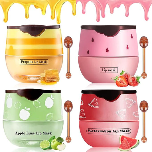 4 PCS Bee Lip Balm Lip Mask Honey Pot,Honey & Strawberry & Watermelon & Apple Lime Lip Mask Propolis Moisturizing Lip Balm with Stick,Sleeping Lip Mask Hydrating Prevention Dry & Cracked