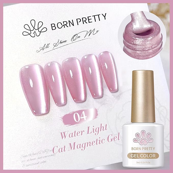 Born Pretty Magnetic Gel Nail Polish Water Light Cat Magnetic Eye Jelly Pink Glass Crystal Gel Polish Glitter Shimmer Auroras Nail Polish LED Nail Art Manicure Kit 6PCS