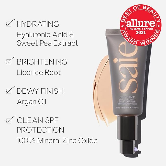 Saie Slip Tint Tinted Moisturizer with SPF 35 - Light Coverage, Glowy Skin Tint & Mineral Sunscreen for Face with Hydrating Hyaluronic Acid - Summer Makeup Essential - Shade One (1.35 oz)
