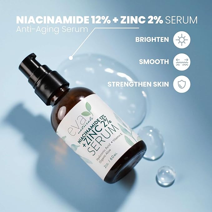 Eva Naturals Niacinamide 12% + Zinc Serum for Face – Dark Spot Remover, Pore Minimizer, Redness Relief, Hydrating Vitamin B3 with Botanical Hyaluronic Acid, Anti-Aging Serum for Clear Skin (2 Pack)