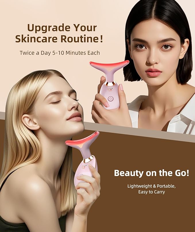 7 Color Face and Neck Massager Light Therapy, Red Light Based Facial Massager for Skin Care, Firming, Smoothing (Pink)