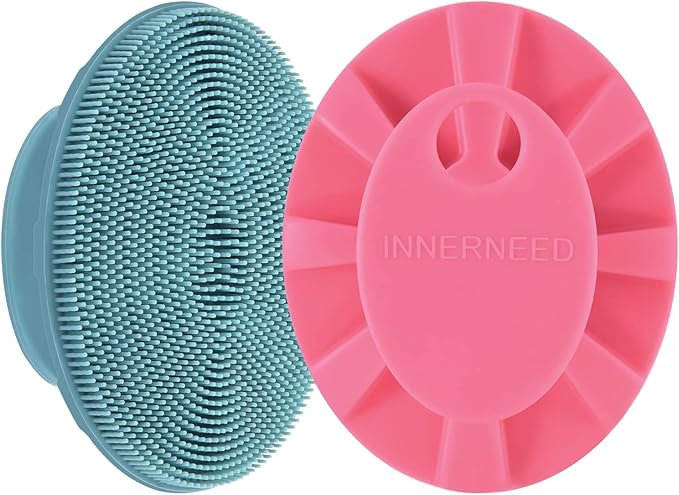 INNERNEED Silicone Face Scrubber, Exfoliating Brush Manual Handheld Facial Cleansing Brush Blackhead Remover, Food-Grade Soft Bristles (Dark Green+Pink)