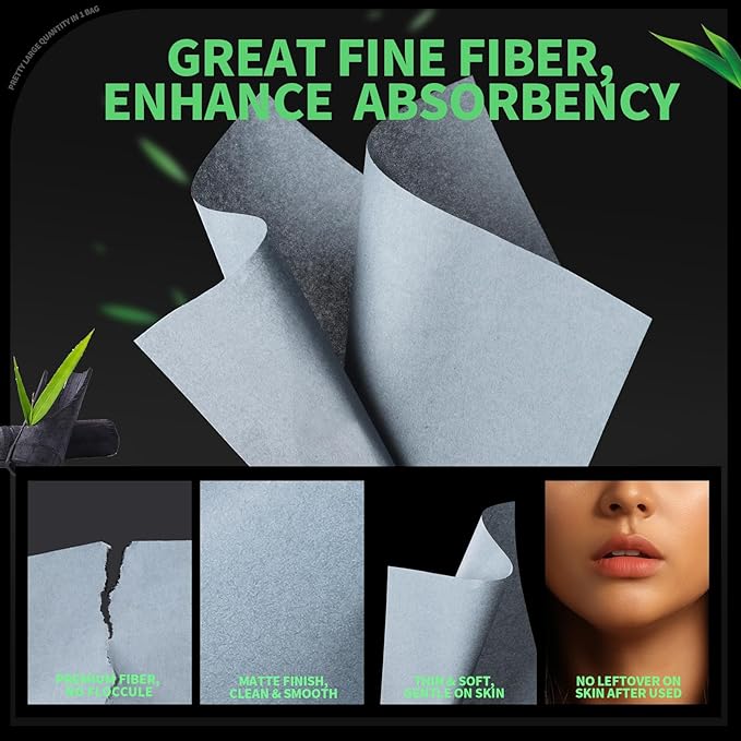 Blotting Paper for Oily Skin, Natural Bamboo Charcoal Blotting Paper, Oil Blotting Sheets for Face, 100 * 70MM Large Oil Absorbing Sheets Makeup Face Tissues, 200 Counts