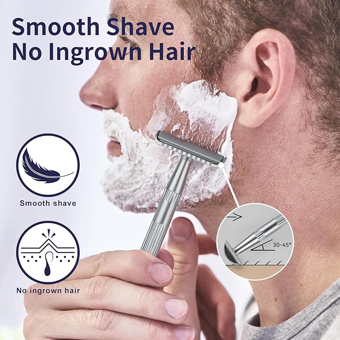 Matte Silver Double Edge Safety Razor, Single Blade Razors for Men and Women, with 10 Stainless Steel Safety Razor Blades, Reusable, Smooth and Close Wet Shaving Kit, Plastic Free