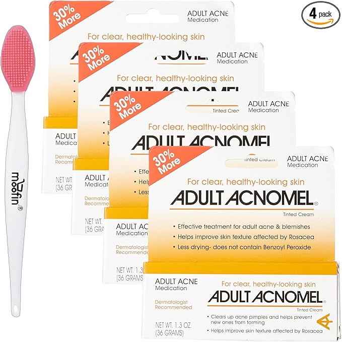 Adult Acnomel Acne Medication Tinted Cream 13 Oz - Acne Spot Treatment Cream Anti Pimple Cream for Men and Women, Clears Breakouts, Soothes Sensitive Skin Nose Cleaning Brush [Pack of 4