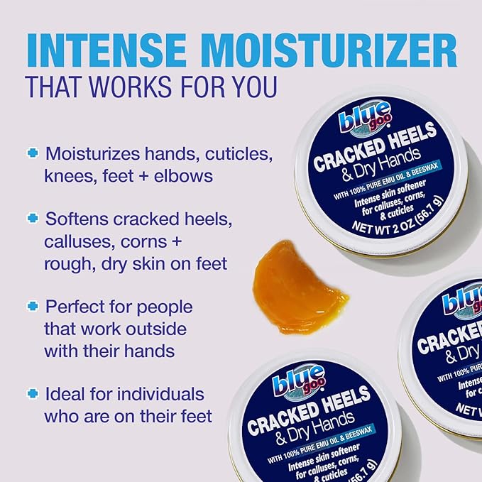 Blue Goo Cracked Heels & Dry Hands Intense Skin Softener - for Calluses, Corns & Elbow Dryness Relief, Fast- Penetrating Hydrating Moisturizer, Made w/ 100% Pure Emu Oil & Beeswax, 2 oz (3 Pack)