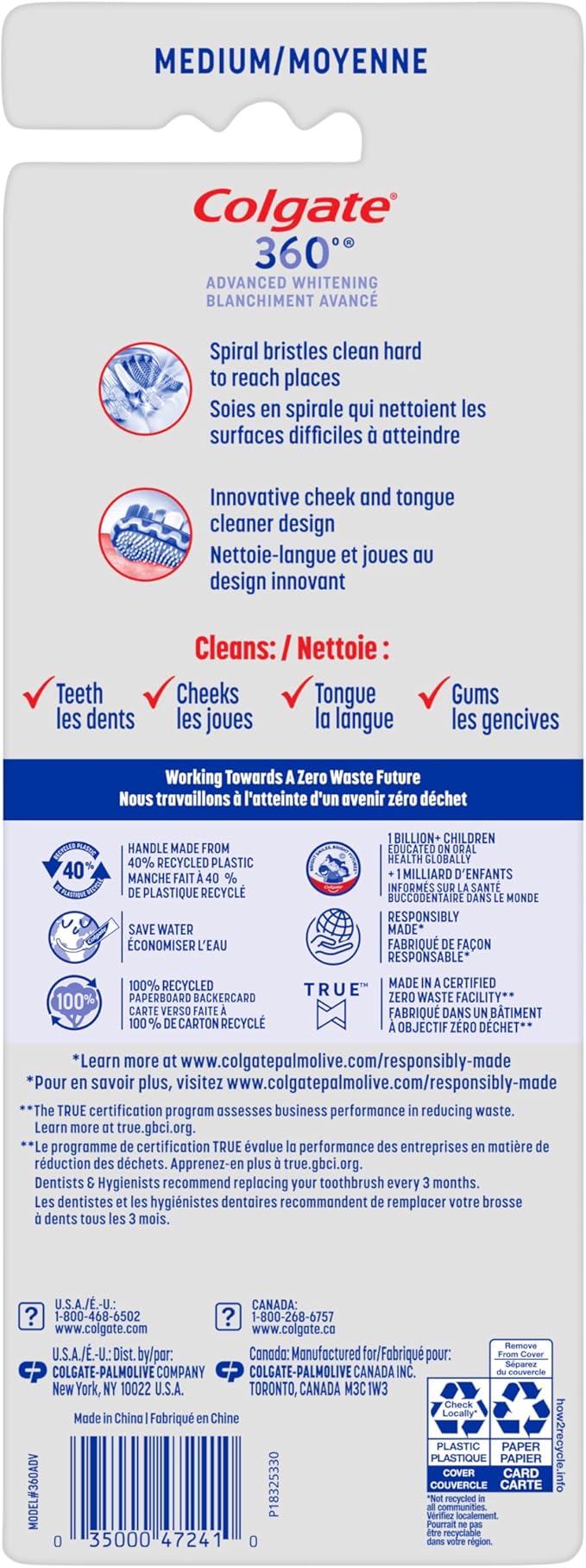 Colgate 360 Advanced Optic White Whitening Toothbrush with Tongue Cleaner, Soft, 4 Count