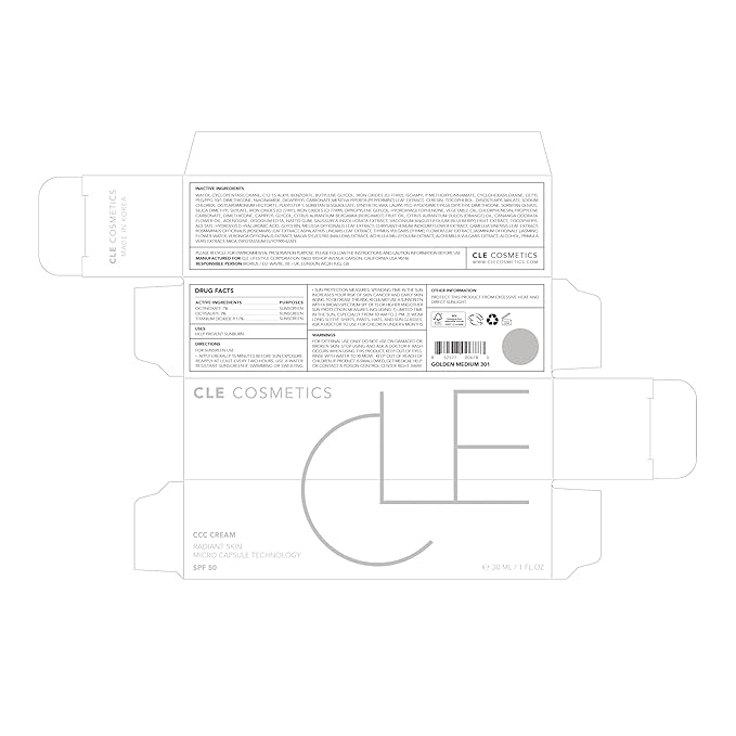CLE Cosmetics CCC Cream (Golden Medium 301 / SPF 50) - Color Correcting CC Cream Hybrid with Sunscreen - Lightweight, Hydrating Light to Medium Coverage Foundation - 1 fl oz