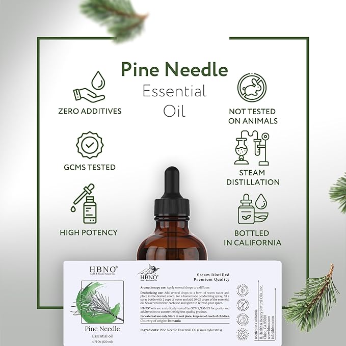 HBNO California Bottled Pine Needle Essential Oil 4 fl oz (120ml) - Natural Pine Needle Oil - Perfect for Cleaning, Aromatherapy, DIY, Soap & Diffuser