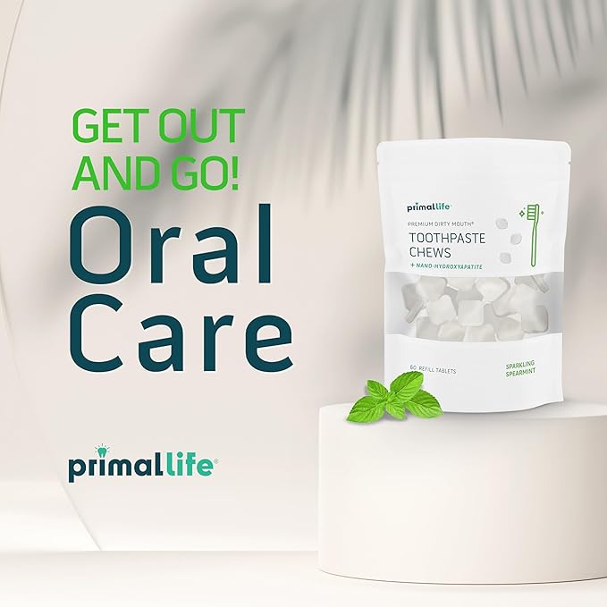 Primal Life Organics Premium Dirty Mouth Toothpaste Chews – Nano-Hydroxyapatite Whitening Toothpaste Tablets for Adults - Gluten Free, Vegan, Paleo - 60 Tablets in Bag - Sparkling Spearmint