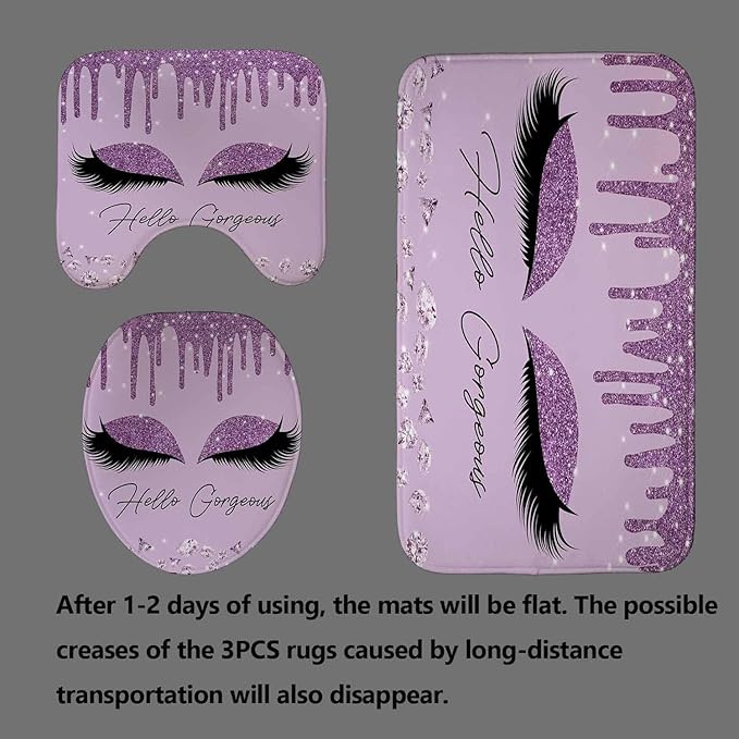 4PCS Purple Glitter Hello Gorgeous Shower Curtain Set, Glam Bling Diamond Rhinestones Gem Makeup Unicorn Eyelash Bathroom Decor, Waterproof Fabric Shower Curtain, Non-Slip Bath Mat Toilet Rug
