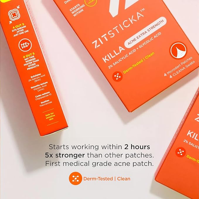ZitSticka Extra Strength Killa Acne Patches for Face - World's Most Potent Pimple Patch with Fast-Acting Microdarts - Starts Working within 2 Hours for Deep, Early-Stage Zits & Blemish - 4 Count