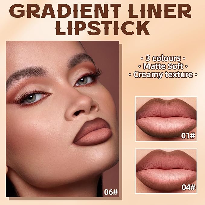 3 Colors 2 in 1 Lip Liner Set, Matte Nude Dark Brown Lip Liner Plumping Smooth Creamy Lip Pencil, High Pigmented Long lasting Light and Medium Brown Lipstick Makeup, 01+04+06