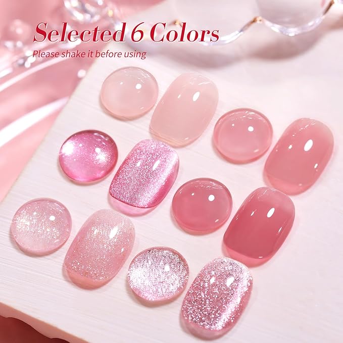 Born Pretty Gel Nail Polish Pink Nude Series,Jelly Transparent,Cat Magnetic Eye,Shimmer Glitter Holographic Pink Nude Gel Polish Kit for Salon Manicure and Nail Art DIY at Home 6Colors