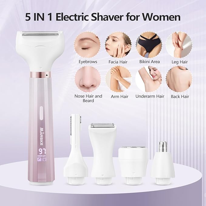 Electric Razors Shavers for Women, Bikini Trimmer 5 in 1 Lady Electric Shaver Razor Wet/Dry Face Razors for Face Nose Eyebrow Arms Armpit Legs Pubic Hair Area Painless Facial Hair Removal for Women