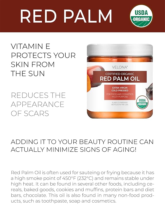 velona USDA Certified Organic Red Palm Oil 2 Fl Oz | Food and Cosmetic Grade | in jar | Extra Virgin, Cold Pressed | Skin, Face, Body, Hair Care