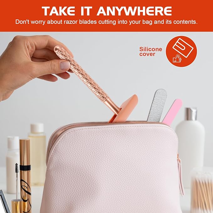 Double Edge Safety Razor for Women with Silicone Cover & 10 Blades for Travel Metal Eco-Friendly Reusable Single Blade Razor for Shaving (Rose Gold)
