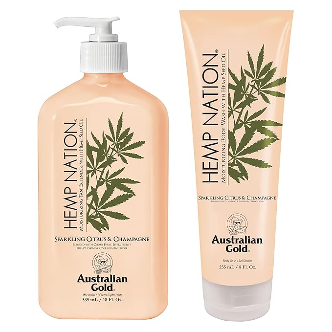 Australian Gold Hemp Nation Sparkling Citrus & Champagne Bundle - Tan Extender Body Lotion (18 FL Oz) & Body Wash (8 FL Oz), Effervescent Orange, Grapefruit & French Wine Extract, Pure Hemp Seed Oil