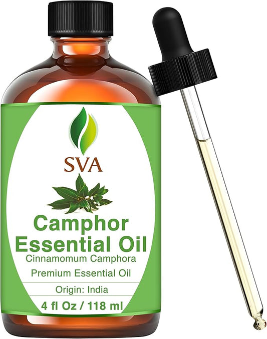 SVA Camphor Essential Oil – 4 Fl Oz – 100% Natural Camphor Oil - for Diffuser, Hair Care, Face, Skin Care, Aromatherapy, Scalp and Body Massage, Soap and Candle Making – with Dropper