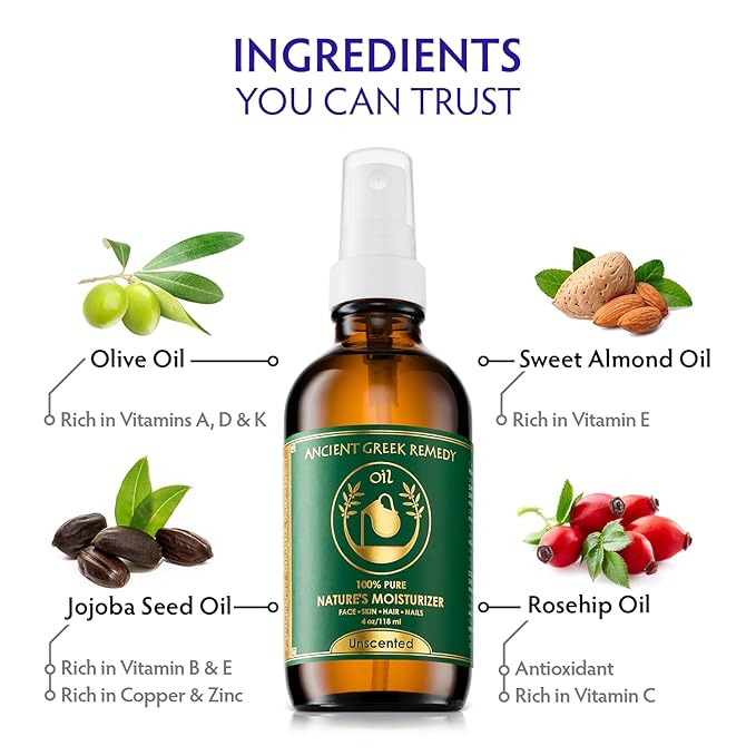 Ancient Greek Remedy - Hydrating Face Oil for Women - Anti-Aging Serum with Organic Jojoba, Rosehip, Sweet Almond, Olive, and Vitamin E - Fast Absorbing Body Oil for Dry Skin - Fragrance Free, 4 fl oz