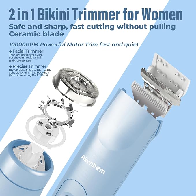 2 in 1 Women Electric Shaver Dual Head Bikini Trimmer for Women IPX7 Waterproof Wet & Dry Use Body Hair Trimmer and Facial Hair Remover for Bikini Underarm Leg Arm Body Face, Blue