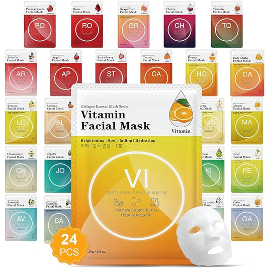 VESPRO 24 Pack Face Masks Skincare for Women, Moisturizing Face Mask Skin Care Suitable for All Skin Types, Bulk Sheet Facial Mask Gifts Set for Spa Party, Facial Masks for Women Skin Care