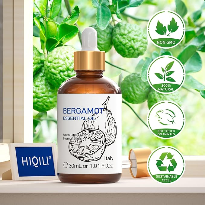 HIQILI Bergamot Essential Oil for Diffuser, Skin, Hair, DIY, 100% Pure & Natural - 1.01 Fl Oz (30 mL)