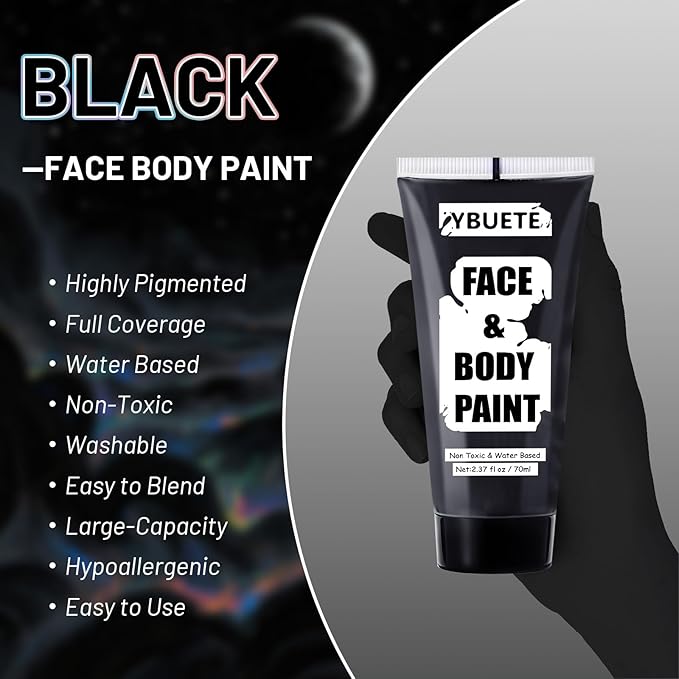 Black Water Based Face Body Paint, 2.37 OZ Large Tube Full Coverage Washable Face Paint Cream for Adult Carnival Cosplay Halloween SFX Skull Joker Zombie Vampire Skeleton Goth Makeup