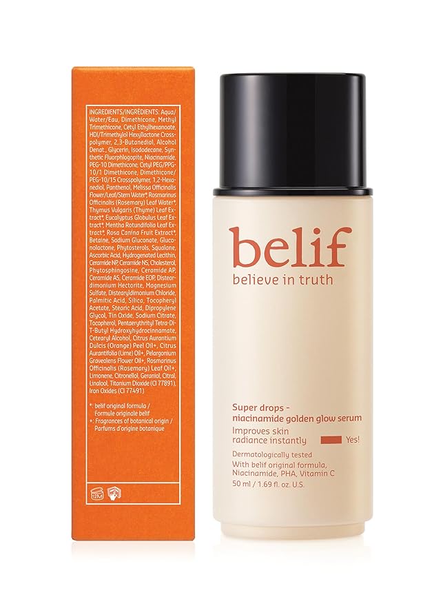 belif Vitamin C Golden Glow Serum for Face & Body – Brightening Luminizer & Hydrating Makeup Primer, Blur Pores & Even Skin Texture with Niacinamide & PHA, Korean Skincare, 1.69 fl.oz