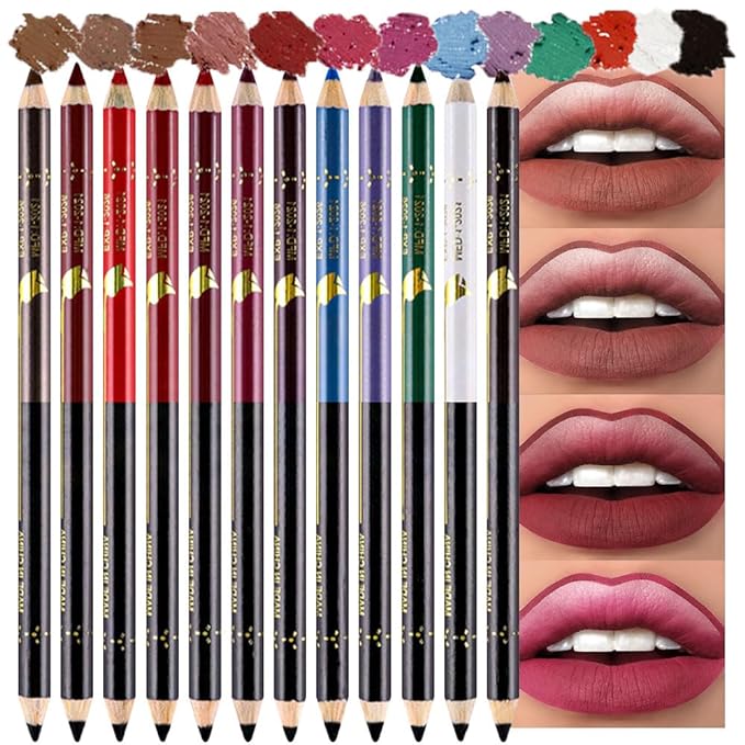 12 Pcs Double Head Rich Vibrant Colors Lip Liner Pencils Eye Liner Sticks Set with Sharpener for Daily Makeup,Easy to Apply & Remove,Waterproof (A)
