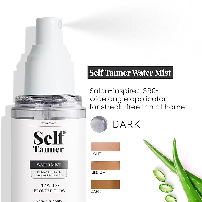 Team Tan Self Tanning Water - Vitamin Infused Self Tanner Mist for Hydrating Face and Body, Sunless Tanning Spray for Fake Tan, No Streaks, Orange Tints or Nasty Smell (Dark)
