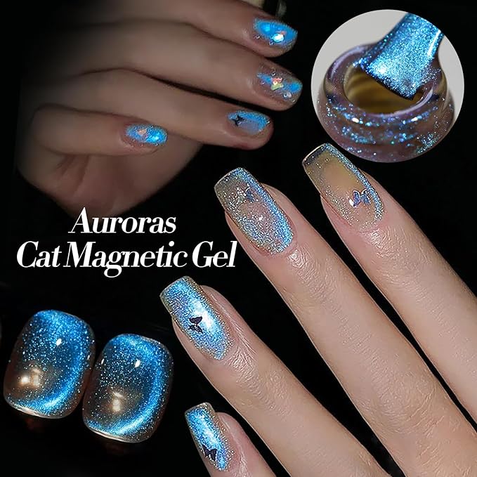 Born Pretty Cat Magnetic Eye Gel Nail Polish Aurora Mermaid Blue Purple Pink Yellow Red Gel Polish Glass Holographic Glitter Gel Nail Polish for Nail Art Manicure Salon DIY 6PCS 7ML