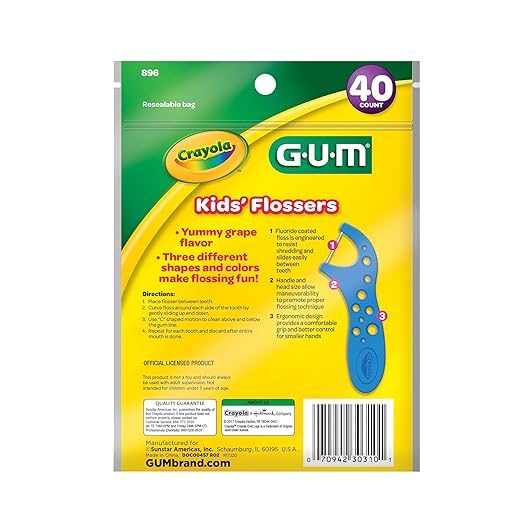 GUM Crayola Kids Flossers with Fluoride - Designed for Little Hands - Fun Grape Flavor - Easy to Use Kids Floss Picks for Children Ages 3+, 40 Count (Pack of 6)
