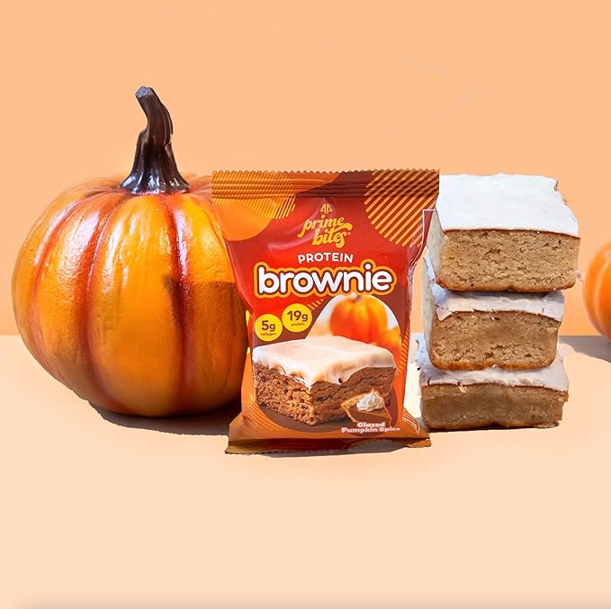 Prime Bites Protein Brownie from Alpha Prime Supplements | High Protein, Collagen Fortified Low Sugar Treat | Delicious Snack | 12 Bars per Box (Glazed Pumpkin Spice)