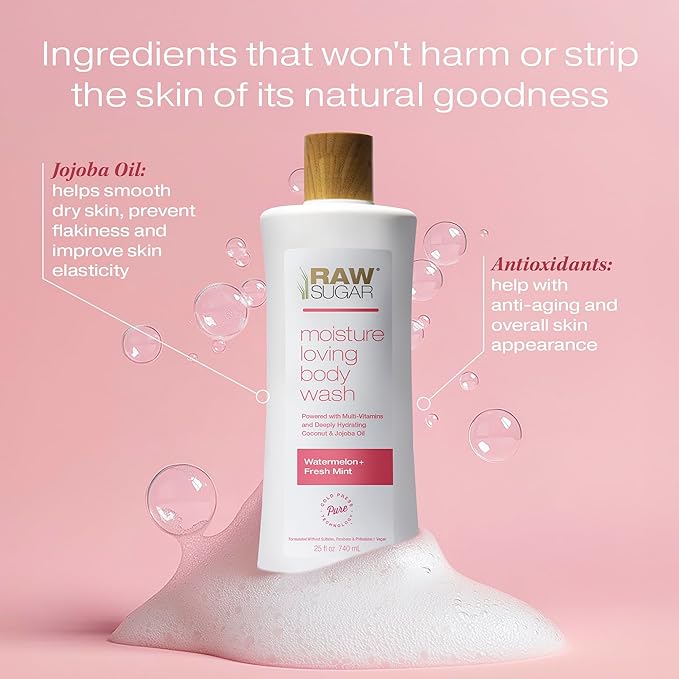 RAW SUGAR Simply Body Wash, (25 Fl Oz, Pack of 1) Bath Soap, Formulated without Sulfates & Parabens (Watermelon + Fresh Mint)