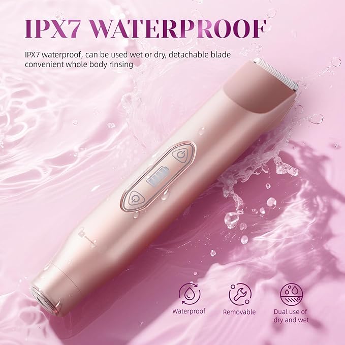 Bikini Trimmer for Women，3 in 1 Electric Razor with Ceramic Blades, IPX7 Waterproof, USB Rechargeable, Painless Hair Removal for Face，Body，Bikini Area, Travel Grooming Kit (Rose Gold)