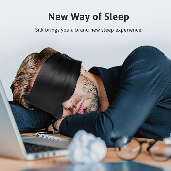 Silk Sleep Mask for Women Men, Mulberry Silk Eye Sleeping Mask & Blindfold with Adjustable Velcro Strap, Blackout Eye Cover for Sleep Travel Yoga Nap, Large Size, Black